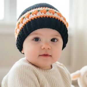 Handmade Pumpkin Patch Beanie, Black and Orange Baby Beanie, 3-6 Month, Crochet